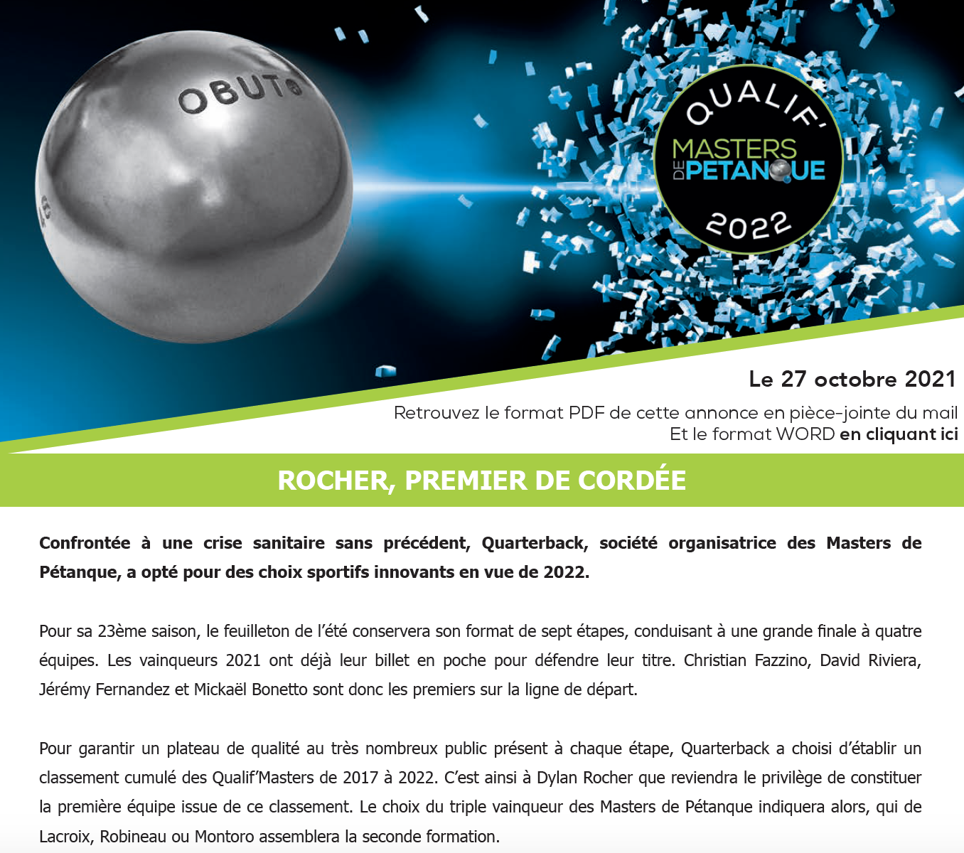 Masters de Pétanque 2022 Classement Qualif’Masters, Rocher premier de